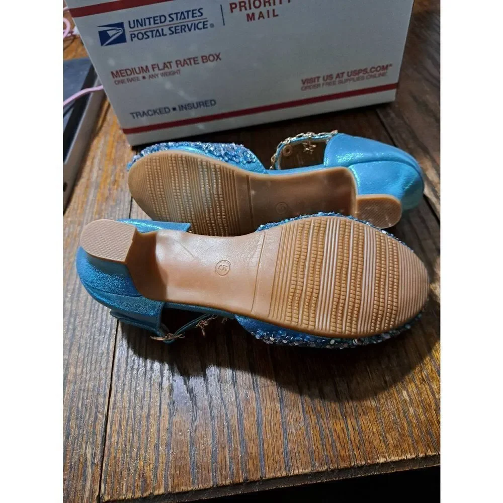 New Girl Sz 5 Furdeour Sequin Blue Glitter Bow Princess Flower Girl Dress Shoes